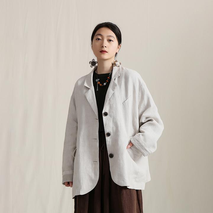 【以之】设计师品牌原创撞色西装复古文艺大版双层翻领宽松外套女