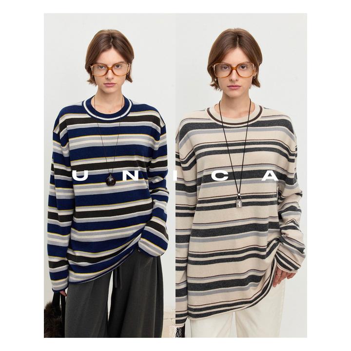 UNICA/复古撞色彩色不规则条纹_羊绒羊毛随性落肩慵懒宽松针织衫