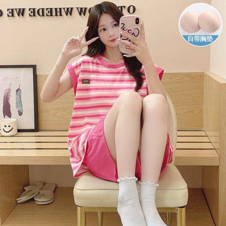 睡衣女夏季带胸垫条纹无袖背心短裤休闲女士防凸点爆款家居服套装