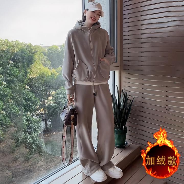 韩系简约运动套装女秋冬新款双口袋拉链开衫连帽卫衣直筒裤两件套