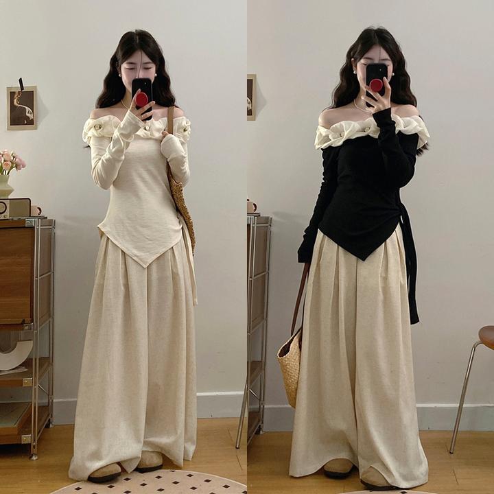 5332#大码2025春季新款法式立体花朵一字肩女+休闲阔腿裤套装