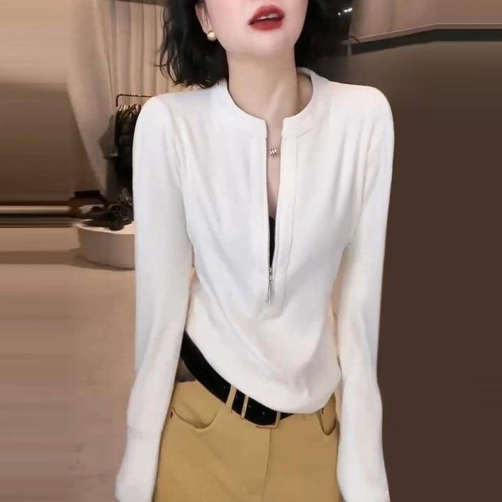 秋季新款休闲简约通勤高级感半拉链圆领长袖T恤打底衫显瘦上衣女