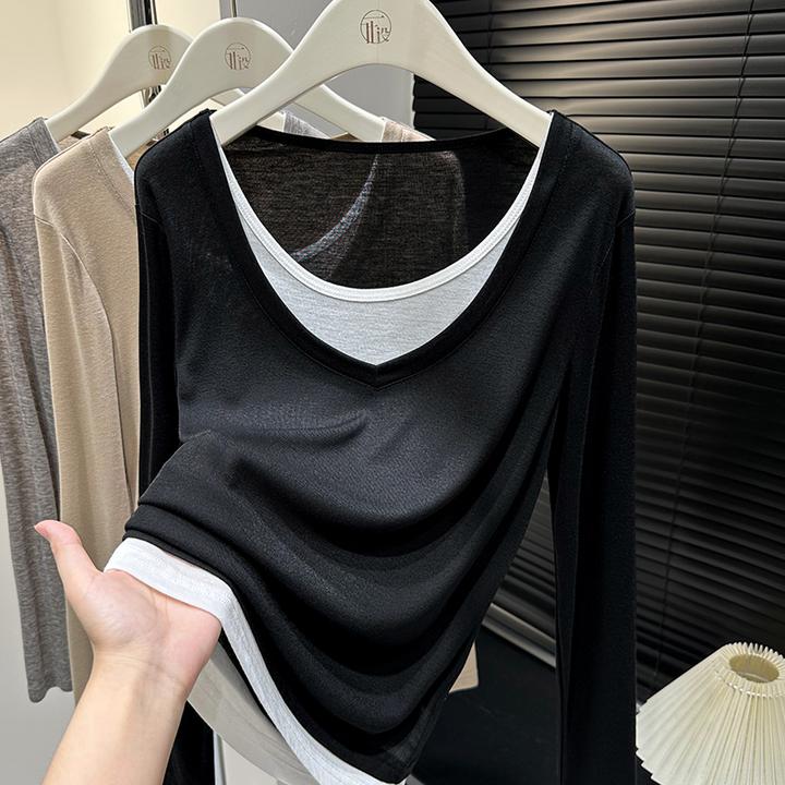 黑色撞色时髦长袖打底衫女秋季新款假两件洋气T恤上衣拼接薄内搭