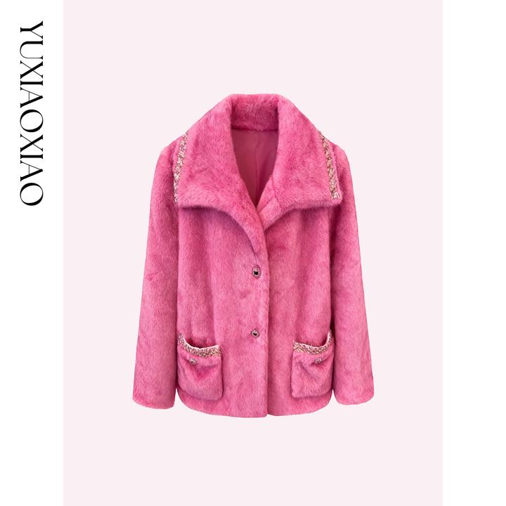 余潇潇【威尼斯甜心】轻奢气质重工织带双色染色翻领毛毛外套秋冬