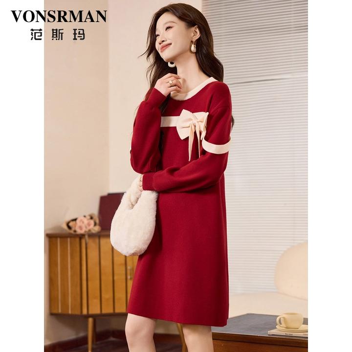 红色打底连衣裙女2025秋季新款时尚蝴蝶结宽松慵懒风气质中长裙潮