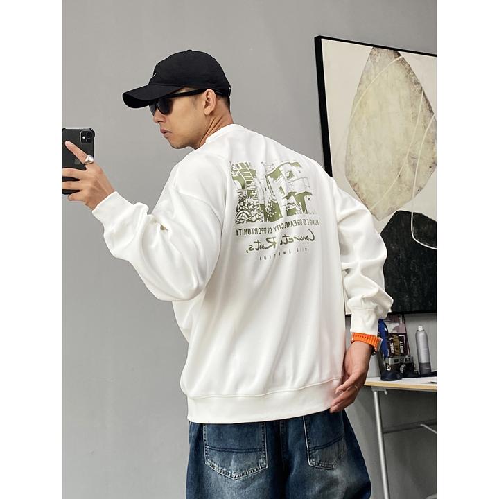 秋季美式休闲痞帅重磅高级感印花圆领套头卫衣男宽松百搭大码上衣
