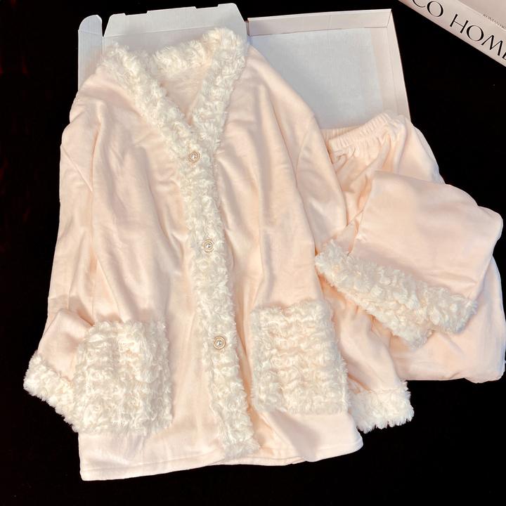 德绒睡衣女秋冬季简约纯色时尚加厚保暖小香风2025新款家居服套装