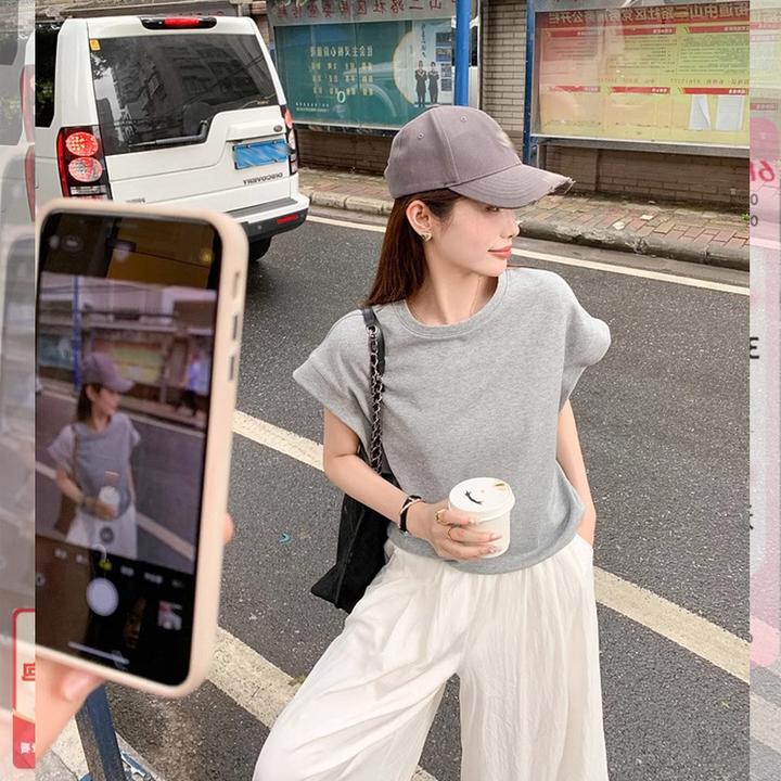 孕妇夏装无袖t恤夏季宽松薄款浅灰不显怀设计感上衣休闲减龄圆领