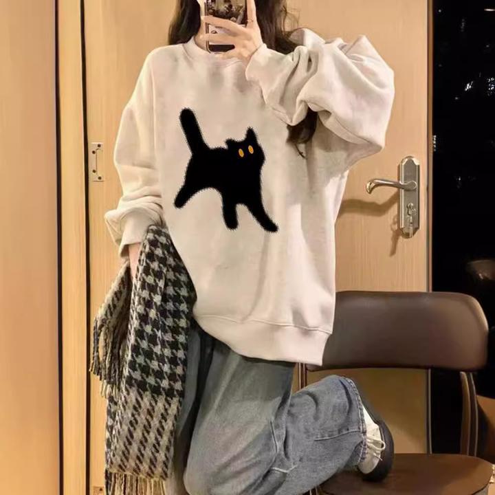 港风chic韩版小众猫咪卫衣女春秋薄款宽松冬季加绒加厚休闲百搭潮