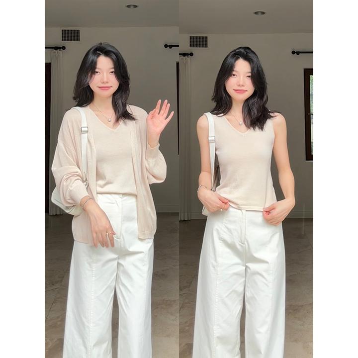 【 现货售完不补】郭九九呢 亚麻天丝背心百搭开衫阔腿裤G925A10158