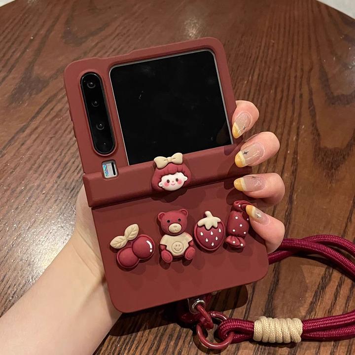 适用华为purax手机壳酒红高级立体女孩阔折叠中轴铰链全包手提绳