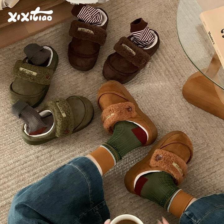 细细条 休闲复古可爱加绒棉鞋女保暖外穿冬季百搭防滑棉拖鞋ins潮