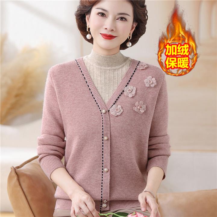妈妈冬装2025新款假两件加绒加厚毛衣中老年人女秋冬一体绒打底衫