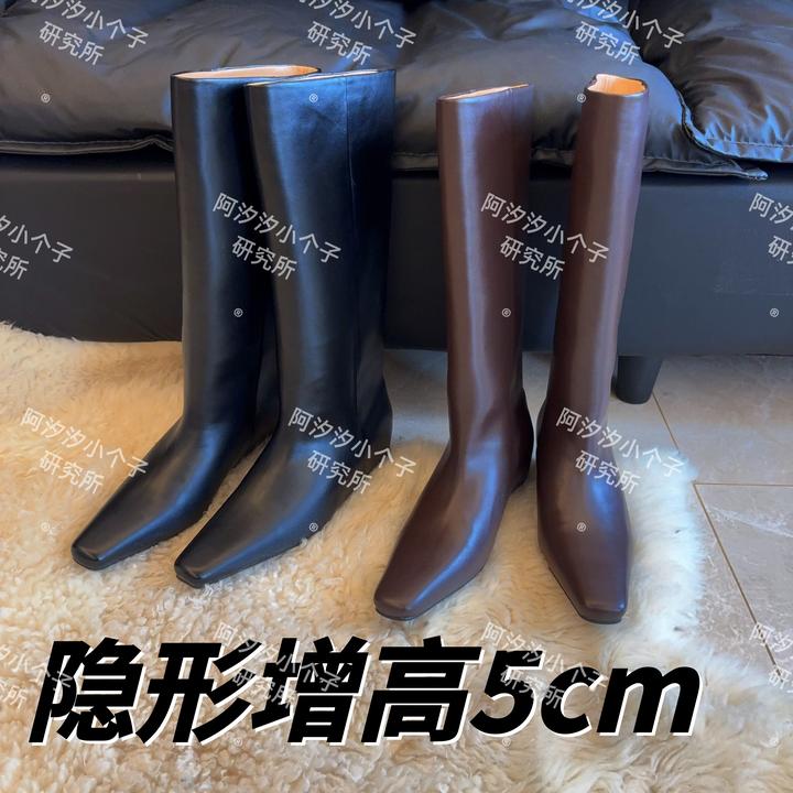 +5cm小个子隐形内增高显瘦高级咖啡棕方头直筒靴女秋显腿直长靴女