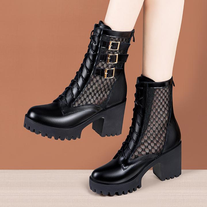 高跟粗跟夏季薄款网纱马丁靴女2025年新款厚底防水台时尚透气凉靴