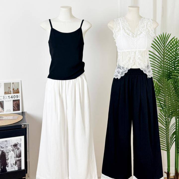 早秋2025年新款设计感高腰蕾丝花边拼接裤子胖mm显瘦松紧腰阔腿裤