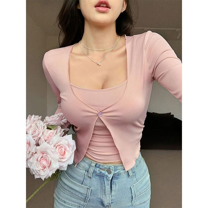 粉色开衫长袖时尚套装2025秋季新款修身辣妹设计感短款上衣两件套