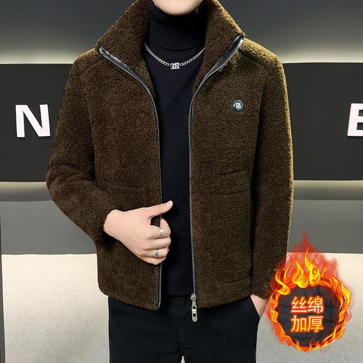 羊毛珍珠绒外套加绒加厚羊羔绒冬季立领防寒大衣休闲男士毛呢夹克