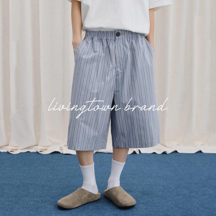 LIVINGTOWN宽松廓形定制条纹男女夏季慵懒风直筒休闲短裤五分裤