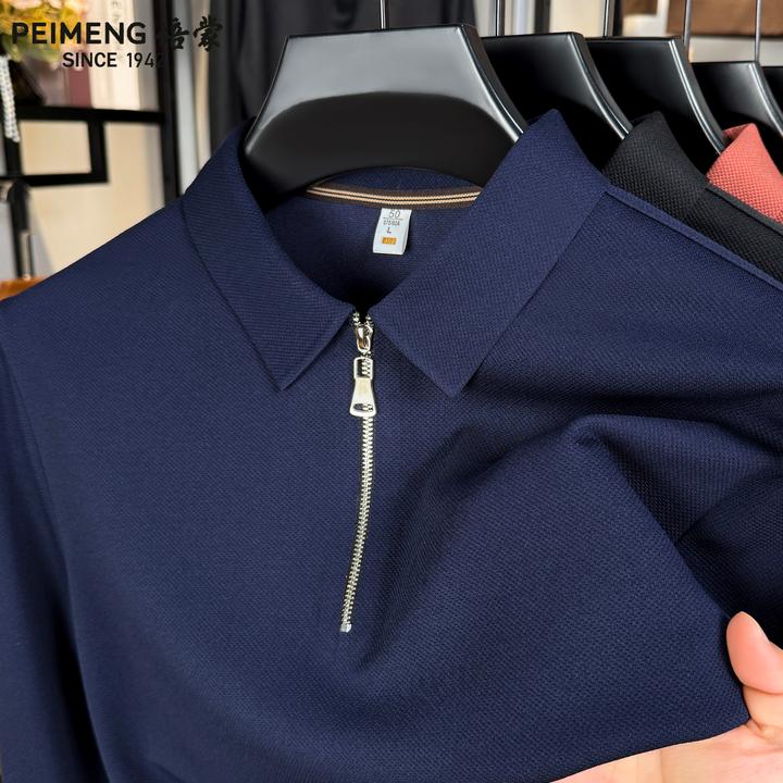 培蒙2025年秋季纯色翻领舒适套头上衣商务休闲宽松男长袖T恤