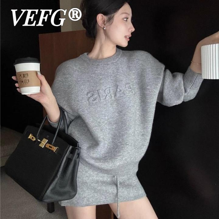 VEFG秋冬新款潮流休闲套装字母压印毛衣针织半身短裙灰色两件套女