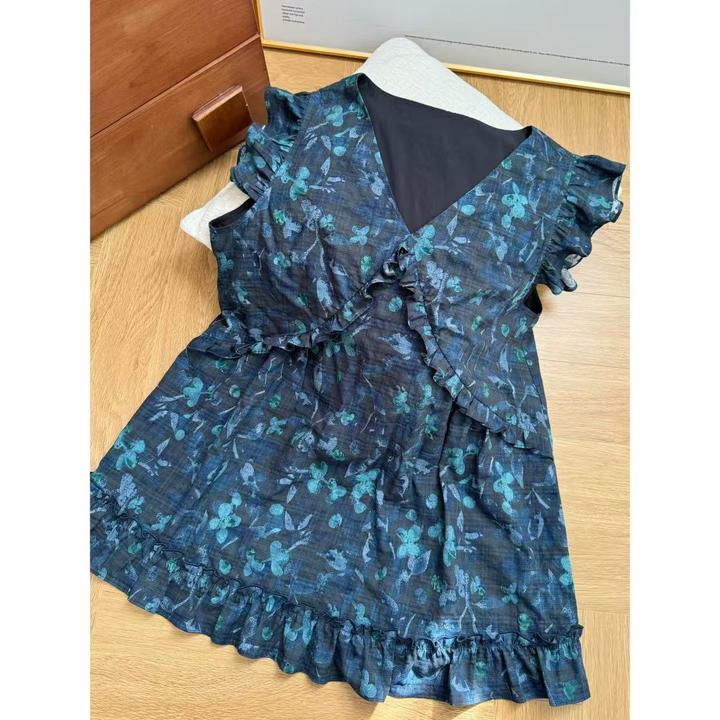 晶咕佳佳【蝴蝶蓝】蓝色碎花图案飞飞袖上衣T恤显瘦气质时尚复古