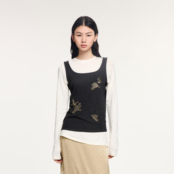 UOOYAA/乌丫2025冬款「魔法花园」钉珠刺绣假两件T恤UY25432T105147