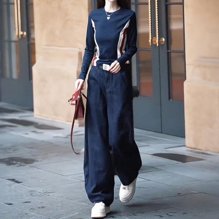 时尚休闲新款洋气显瘦条纹长袖上衣阔腿裤套装