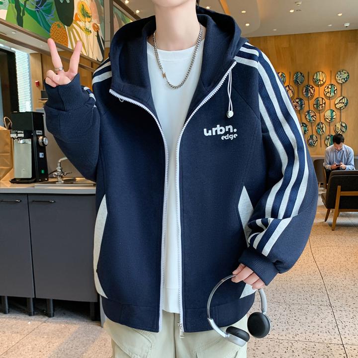 美式开衫外套男士春秋季新款青少年潮牌拼色休闲运动连帽男生夹克