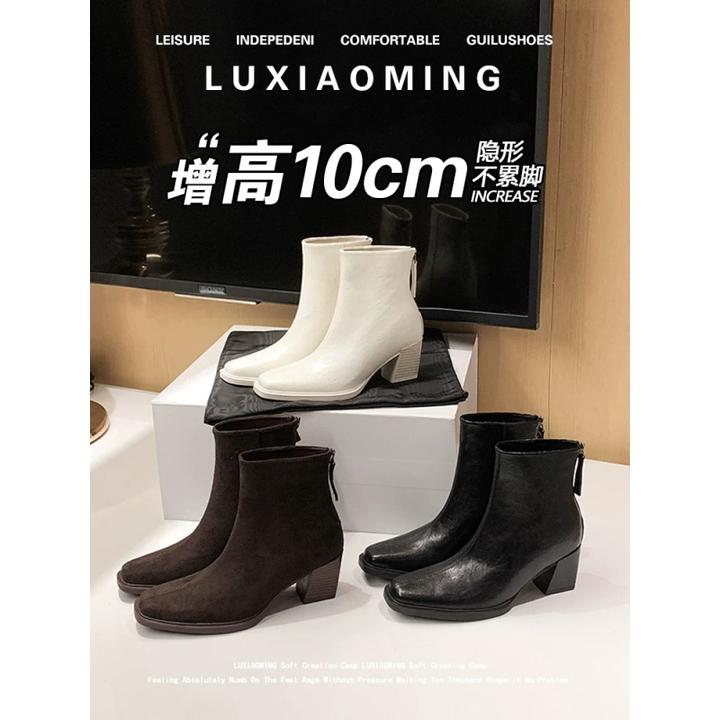 羊皮版~10cm复古高跟弹力瘦瘦靴秋冬季新款小个子内增高加绒短靴