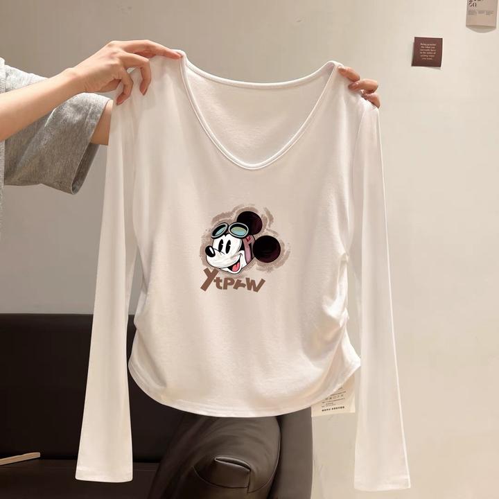 早秋褶皱收腰显瘦百搭打底衫内搭上衣白色正肩V领长袖t恤女2025年