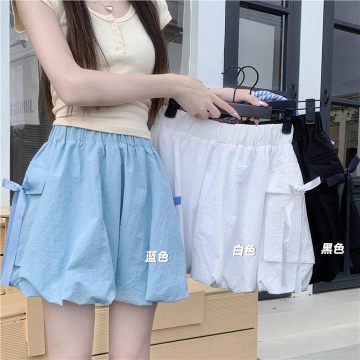 成人设计感蝴蝶结花苞半身裙女夏小个子凉感短裙子蓝色高腰A字包