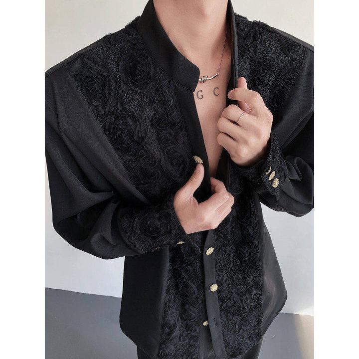 小众设计感【曼陀罗】原创时尚百搭锆石扣气质盘花绣黑衬衣男衬衫