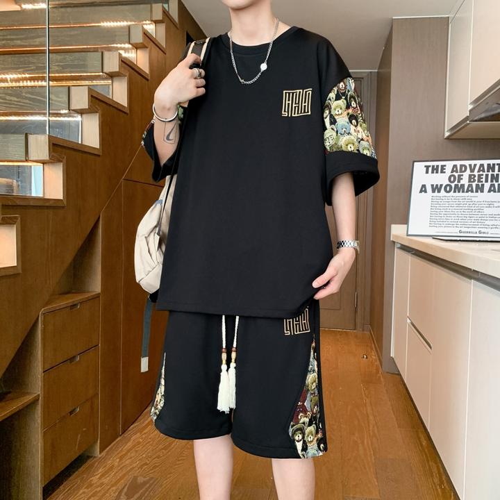 新中式套装男宽松薄款短袖短裤两件套国风夏季大码t恤休闲运动服