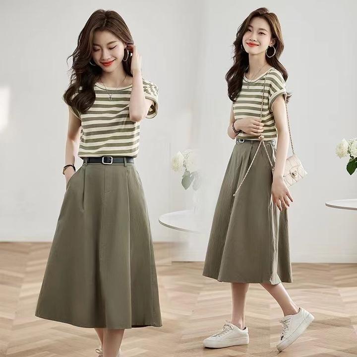 气质休闲时尚条纹饰短袖T恤套装女2025夏季新款宽松半身裙两件套