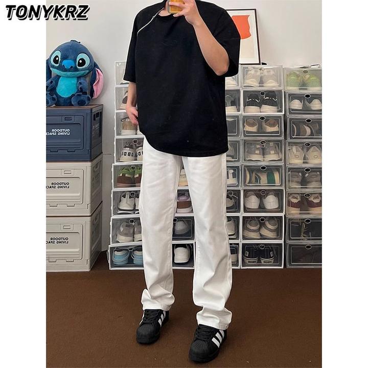 TONYKRZcleanfit白色微喇弯刀牛仔裤男美式vibe高街修身直筒裤子