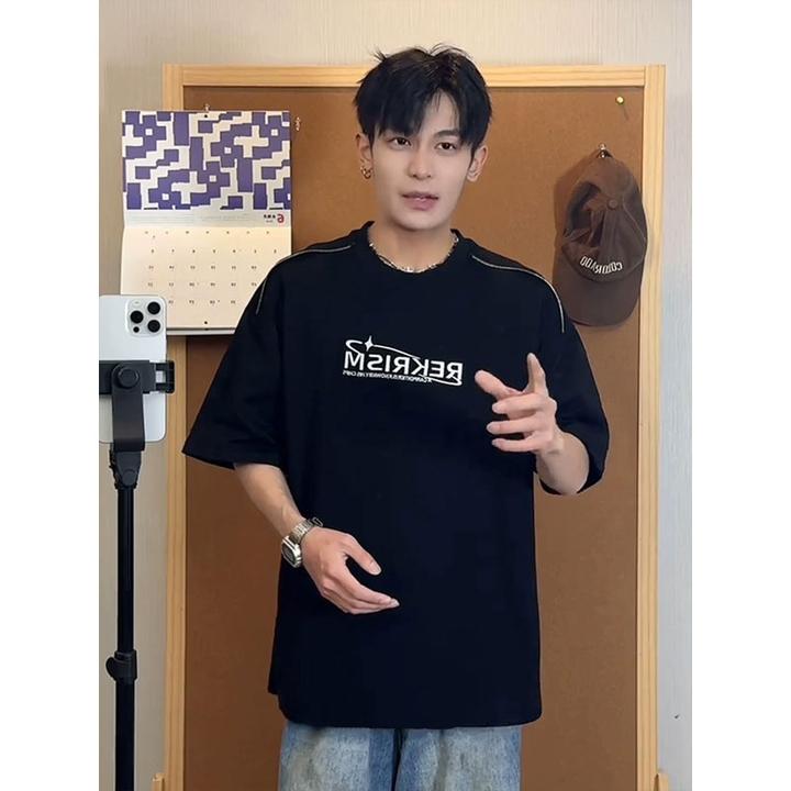 美式复古刺绣正肩t恤男款夏季小领口运动短袖重磅潮牌痞帅半截袖