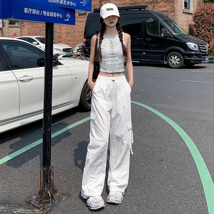 B速干白色工装裤女夏天小个子2025薄款冰丝束脚夏季宽松高腰直筒