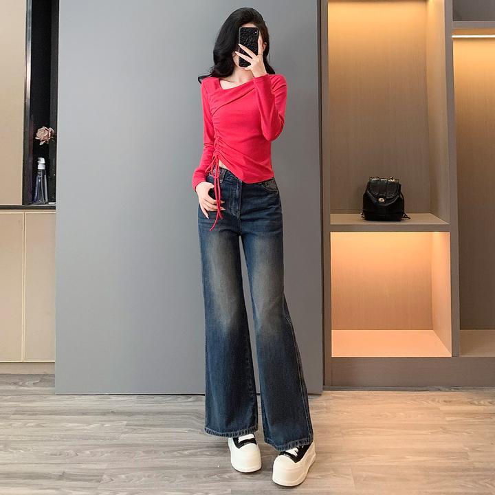 个性简约时尚休闲套装女春款斜肩领口设计长袖上衣牛仔长裤两件套