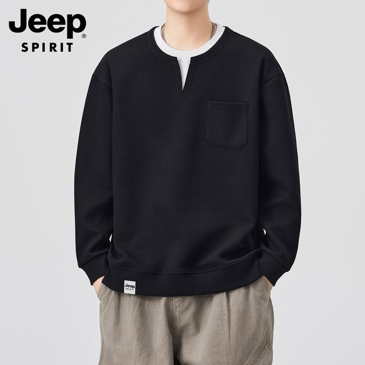 吉普假两件V领卫衣男2025秋冬季新款潮流宽松百搭休闲长袖打底衫