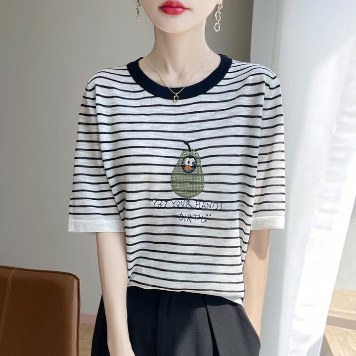 RZ.牛油果刺绣圆领短袖条纹T恤女夏冰丝针织衫薄款透气宽松上衣