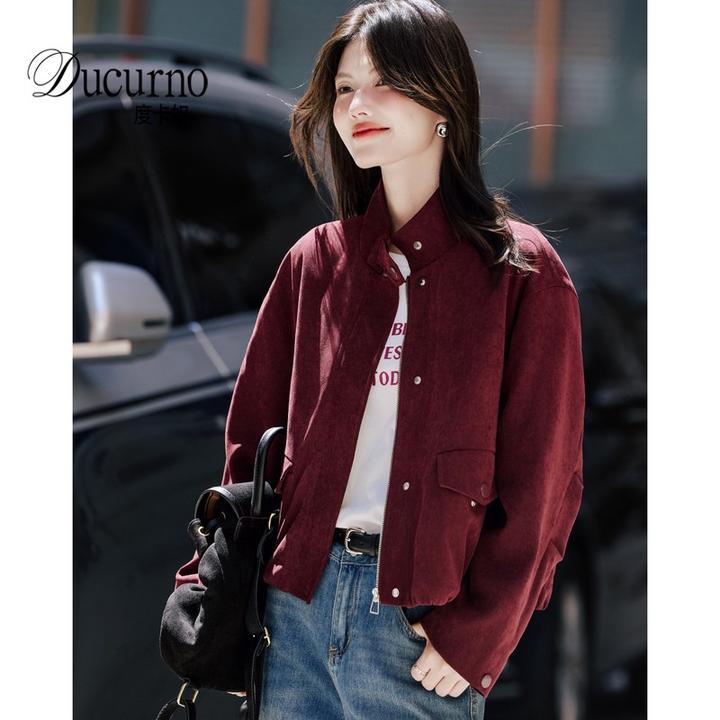 酒红色百搭长袖短外套女复古气质小个子休闲宽松上衣2025早秋新款
