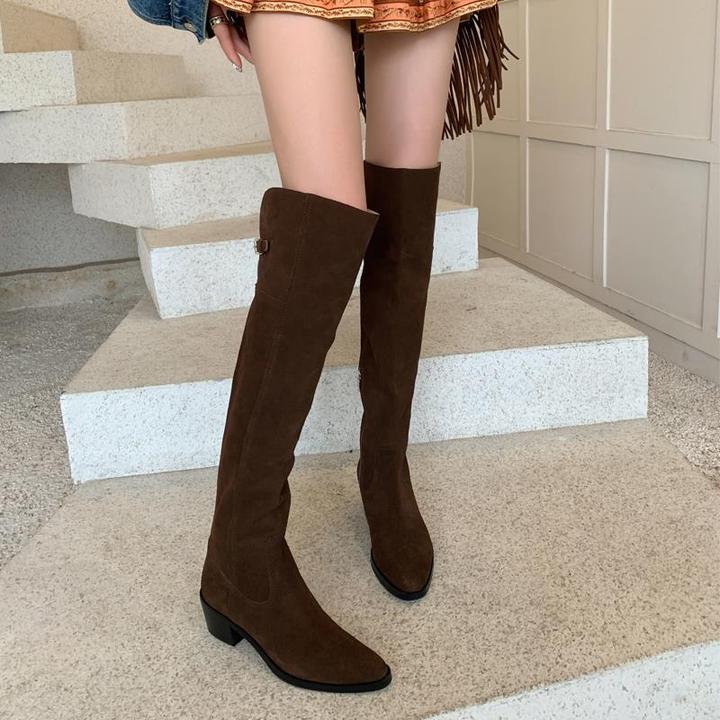 纯手工复古尖头过膝靴女时尚轻熟高筒骑士靴真皮粗跟长靴瘦瘦靴