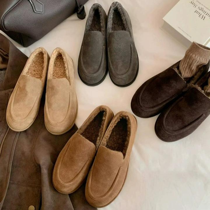 极简舒适圆头懒人加绒老钱乐福毛毛单鞋秋冬新款复古乐福鞋女