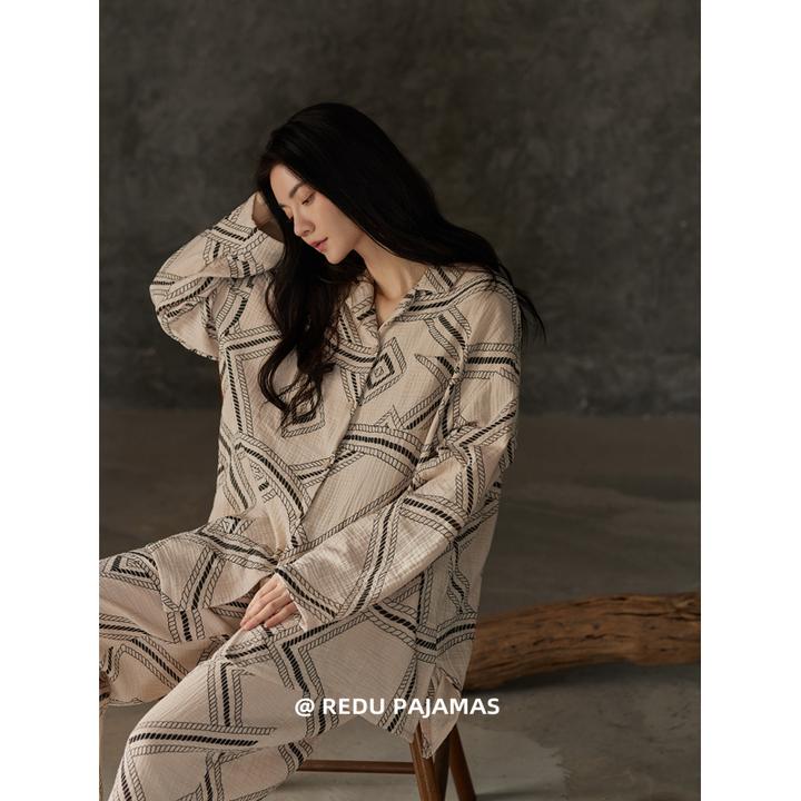 热妒睡衣女春秋款纯棉纱布婴儿棉带胸垫可外穿大码宽松秋季套装