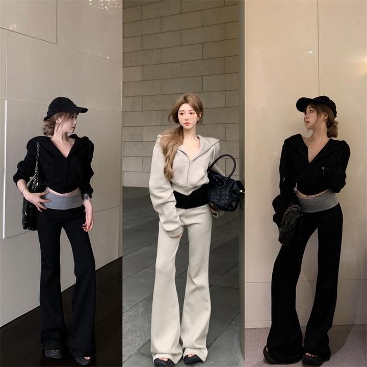 休闲时尚套装慵懒连帽长袖卫衣外套女秋季修身撞色微喇叭裤两件套