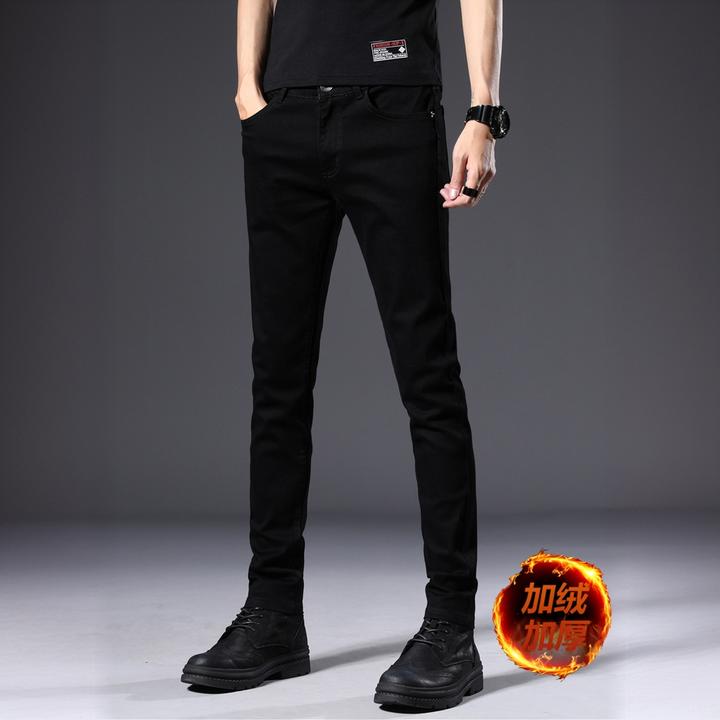 WICESANT秋冬款加绒牛仔裤男加厚保暖修身小脚裤冬季休闲黑色裤子