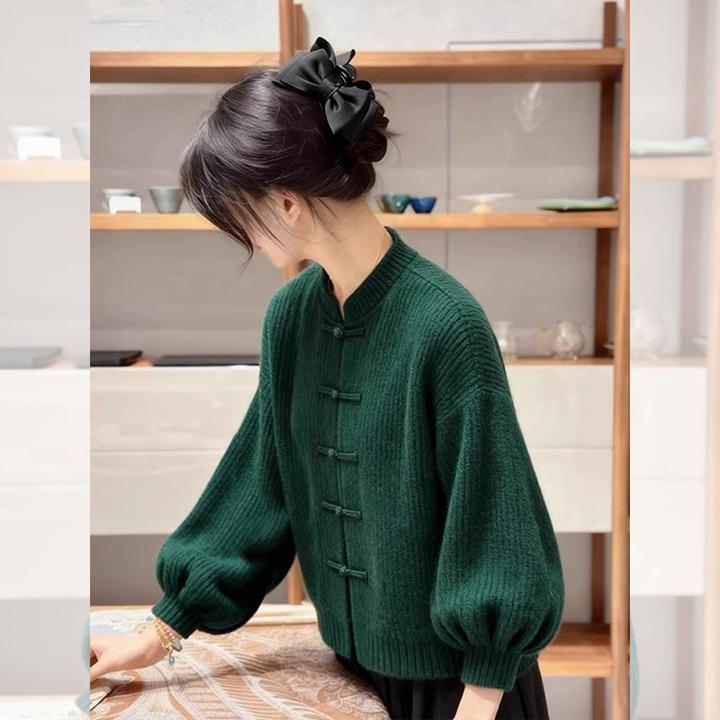 新中式国风墨绿色立领盘扣灯笼袖毛衣外套设计感气质针织衫2025冬