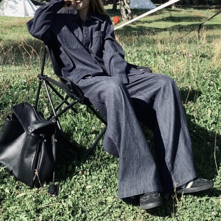 牛仔松弛极简衬衣女装洋气时髦气质阔腿裤套装黑色轻奢洋气女外套