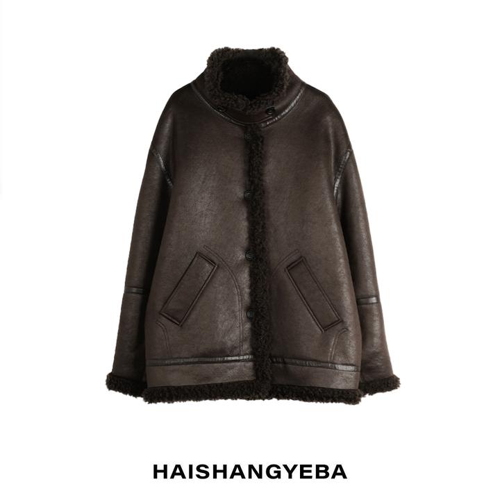 人造皮草 【海上叶爸】新款2025秋冬百搭男女同款纽扣厚款外套
